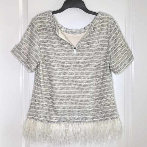 Anthropologie Deletta Feather Trim Boucle Knit Sweater Short Sleeve Lined LP - Picture 3 of 15